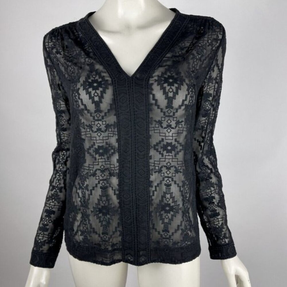 Rebecca Taylor Embroidered Silk Blouse Women 2 EUC‎ V-neck Long Sleeve Sheer Top